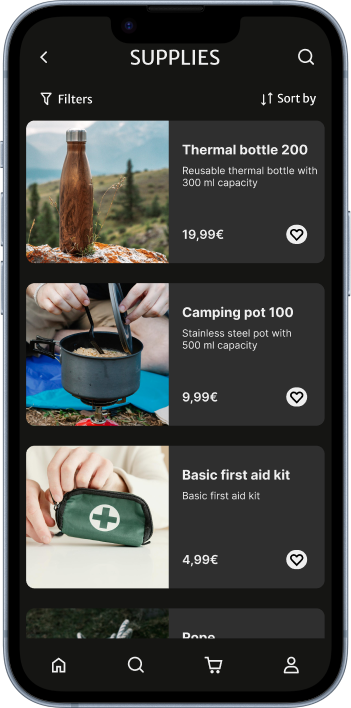 Smartphone screen showing a pet tracking app in “List” view mode. The interface displays a search bar labeled “Search for pets,” with “List” selected at the top and a red banner titled “Kiko’s report.” The first card shows a dog named Kiko, marked “Missing 2 days ago,” located 0.7 km away, with a red “Missing” tag. Below, another card shows a “Cat” found 4 days ago, 0.5 km away, with an orange “Spotted” tag. A third card partially visible shows a pet named Kaia. Navigation icons for map, list, add, and home appear at the bottom.